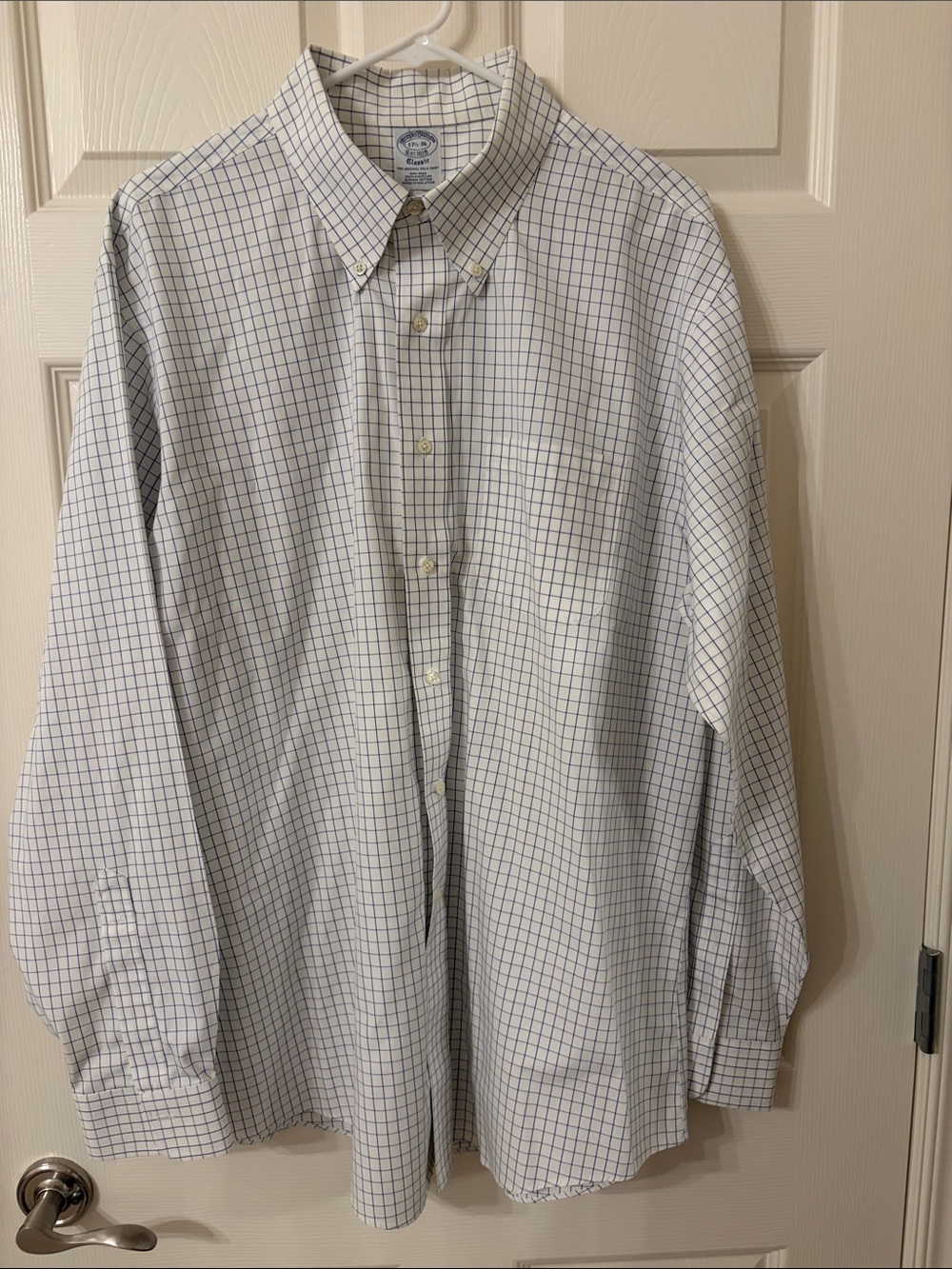 Brooks Brothers White Dress Shirt with Navy Windowpane